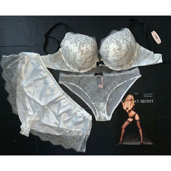Victoria's Secret 32DDD,34DDD BRA SET M PANTY+SHORTS Black White LACE VERY SEXY